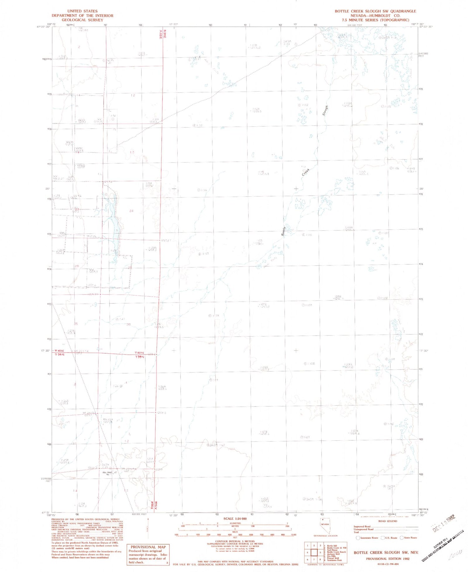 Classic USGS Bottle Creek Slough SW Nevada 7.5'x7.5' Topo Map Image