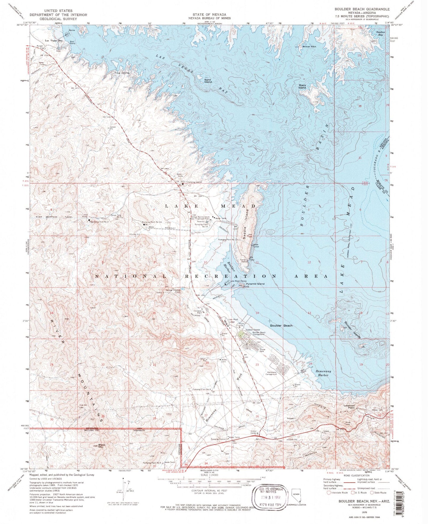 Classic USGS Boulder Beach Nevada 7.5'x7.5' Topo Map Image