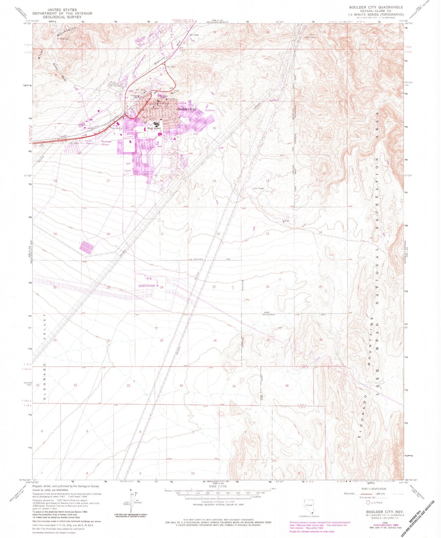 Classic USGS Boulder City Nevada 7.5'x7.5' Topo Map Image