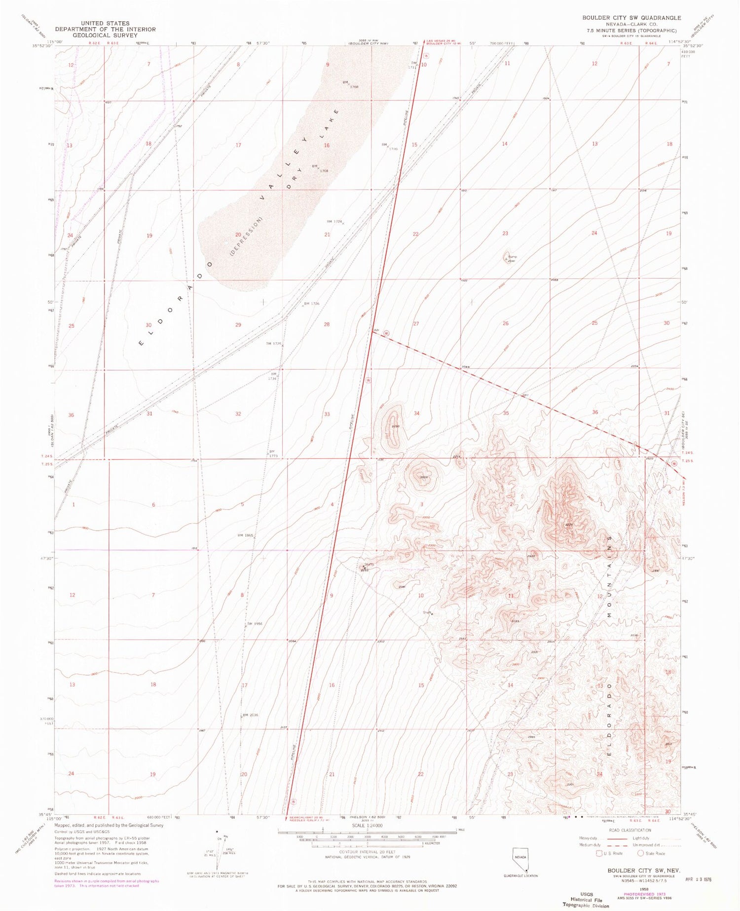 Classic USGS Boulder City SW Nevada 7.5'x7.5' Topo Map Image
