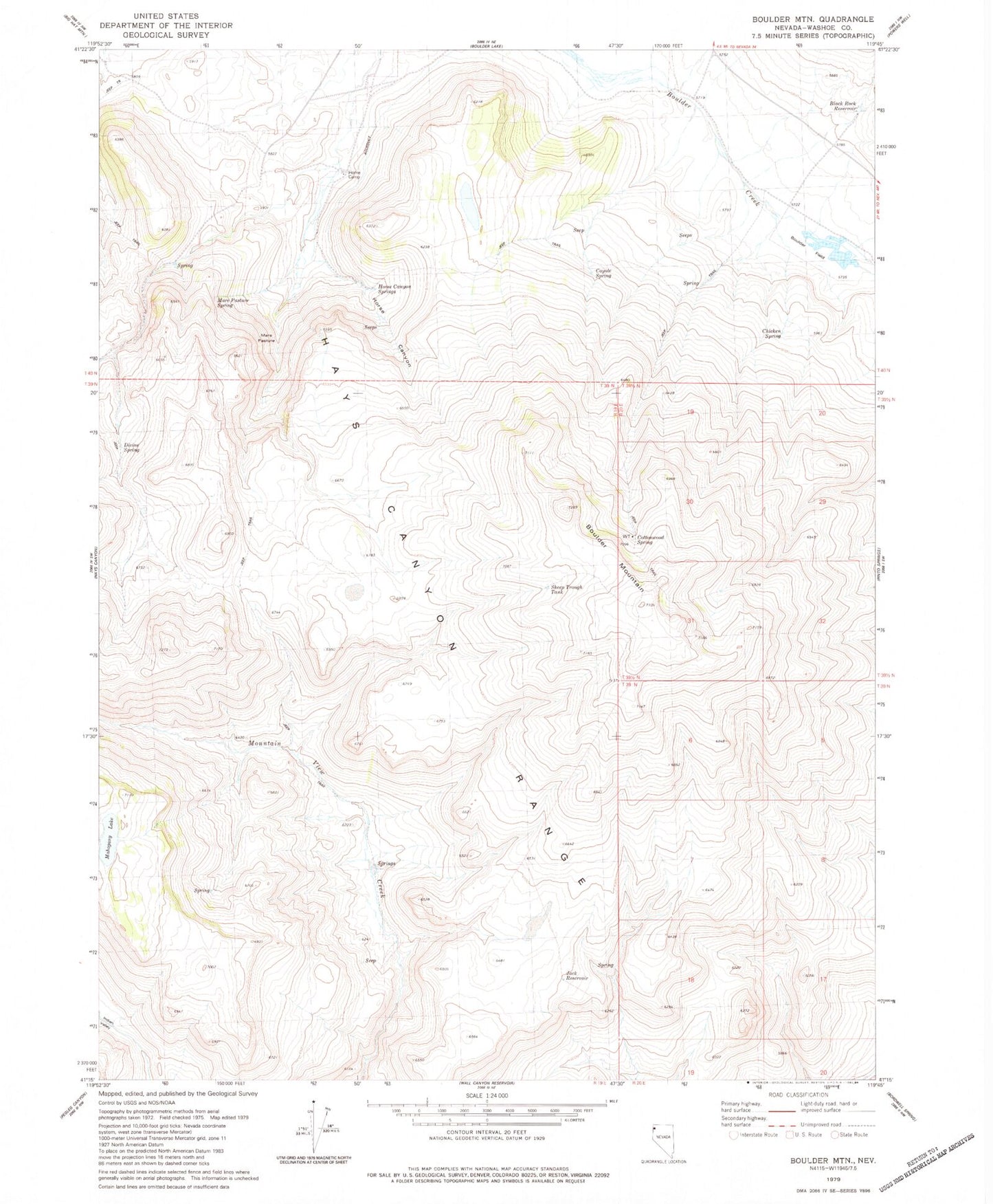 Classic USGS Boulder Mountain Nevada 7.5'x7.5' Topo Map Image