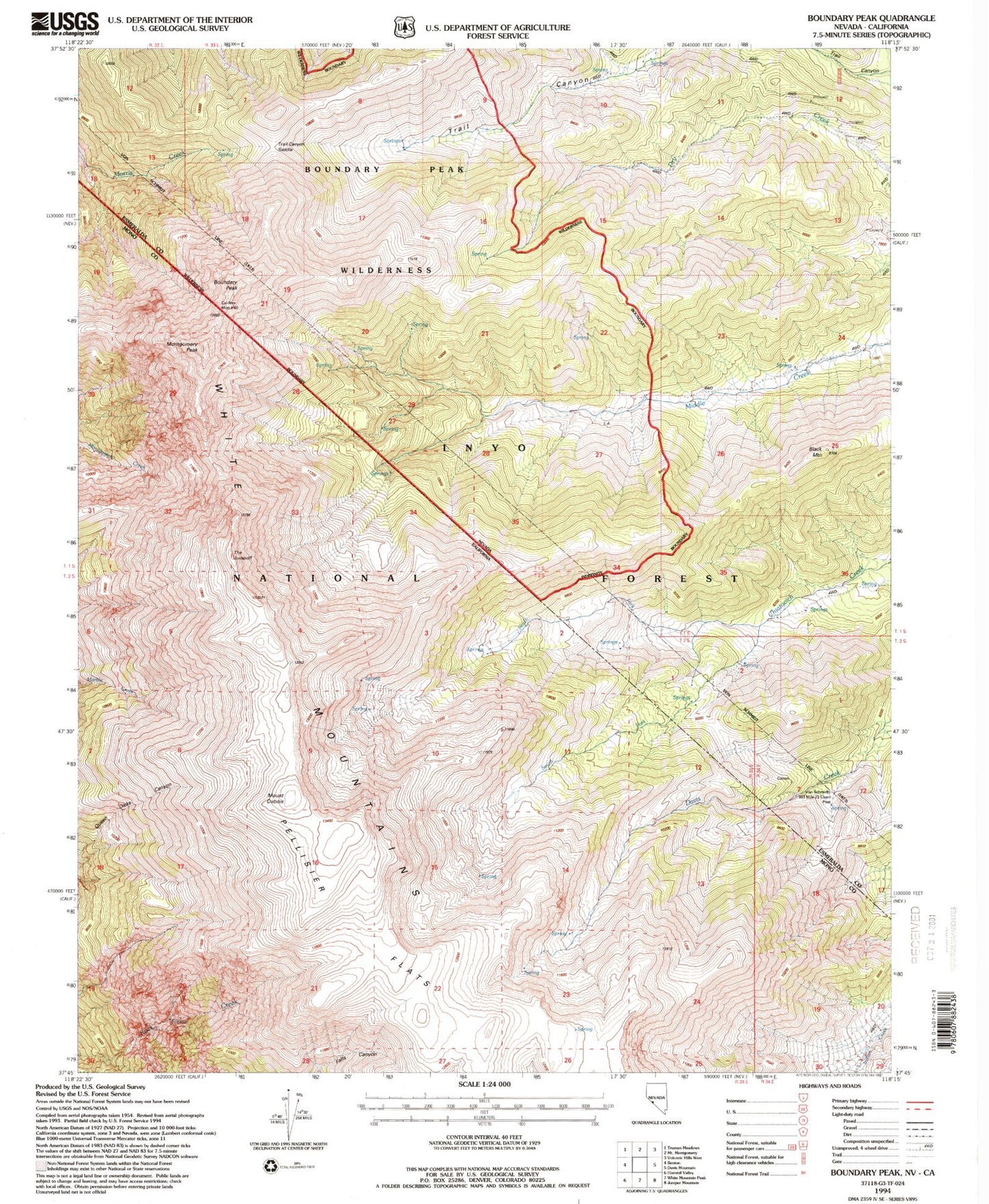 Classic USGS Boundary Peak Nevada 7.5'x7.5' Topo Map Image