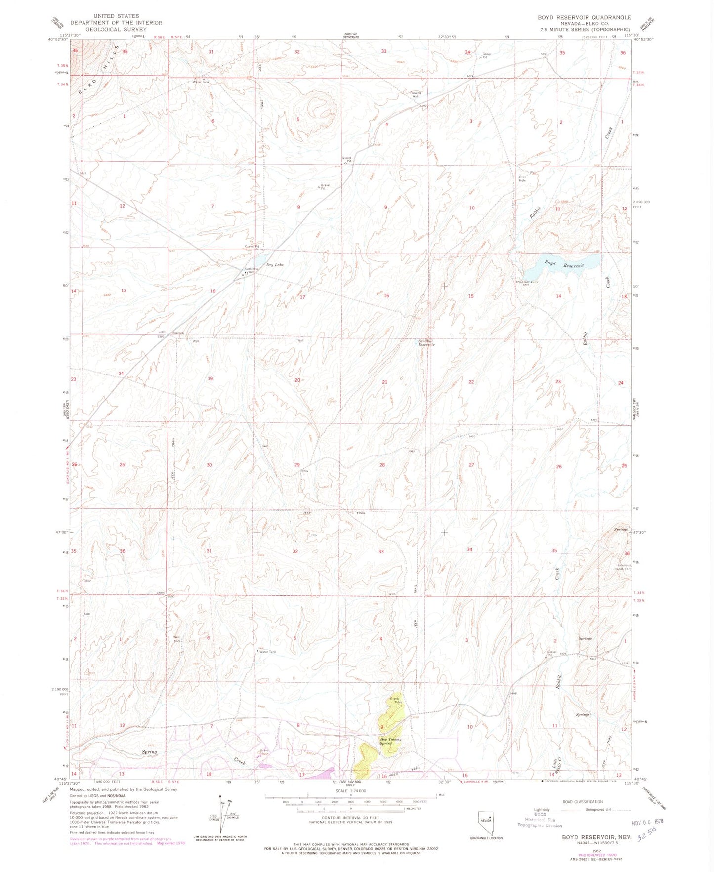 Classic USGS Boyd Reservoir Nevada 7.5'x7.5' Topo Map Image