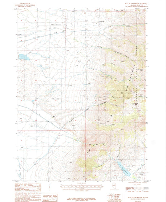 Classic USGS Bull Run Reservoir Nevada 7.5'x7.5' Topo Map Image