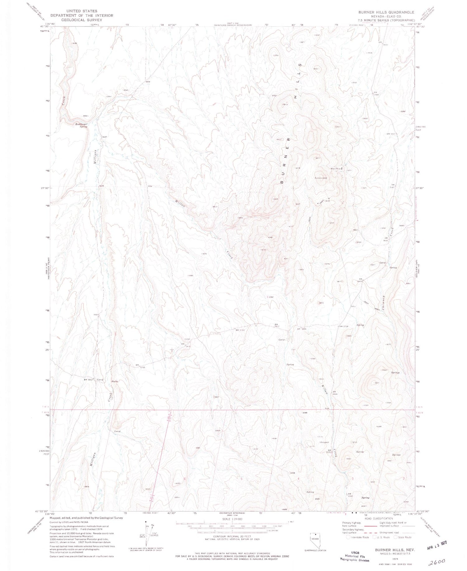 Classic USGS Burner Hills Nevada 7.5'x7.5' Topo Map Image