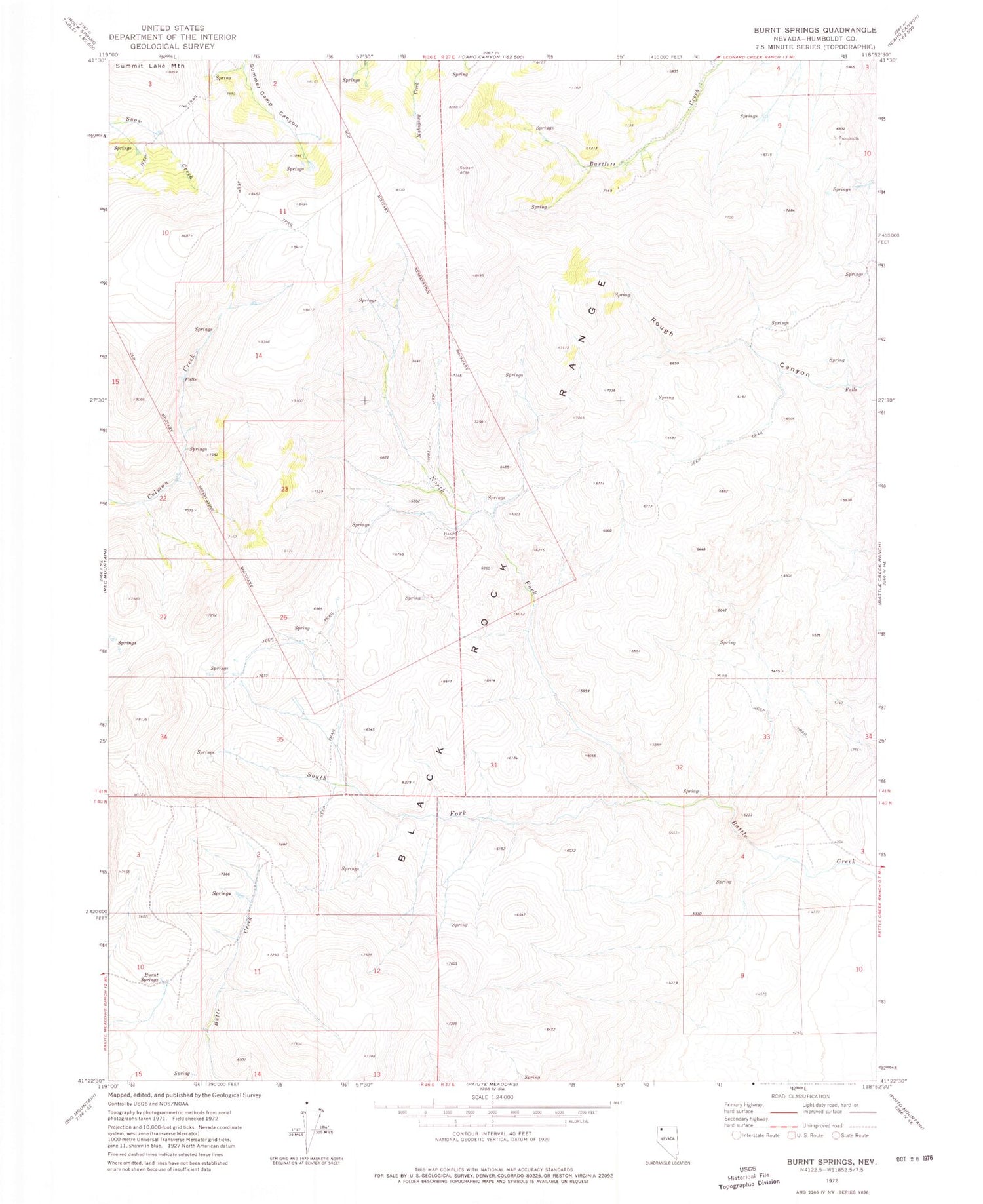 Classic USGS Burnt Springs Nevada 7.5'x7.5' Topo Map Image