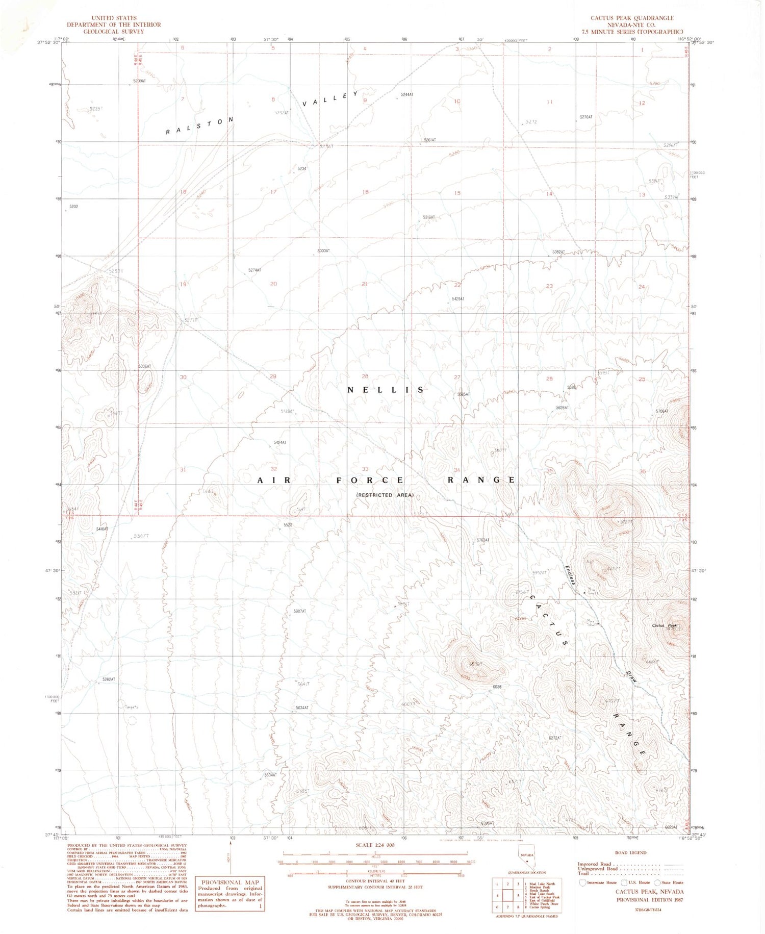 Classic USGS Cactus Peak Nevada 7.5'x7.5' Topo Map Image