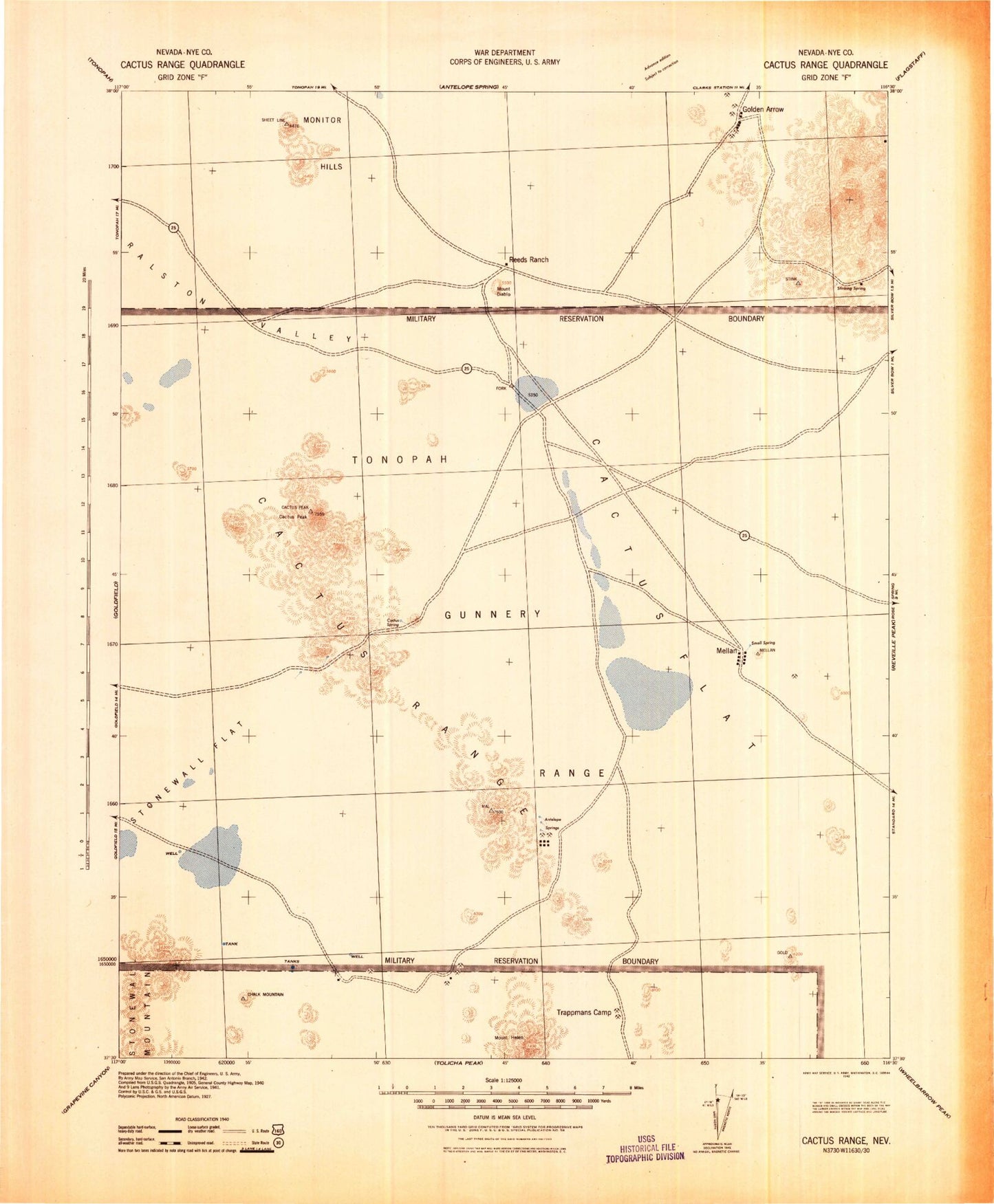 Historic 1942 Cactus Range Nevada 30'x30' Topo Map Image