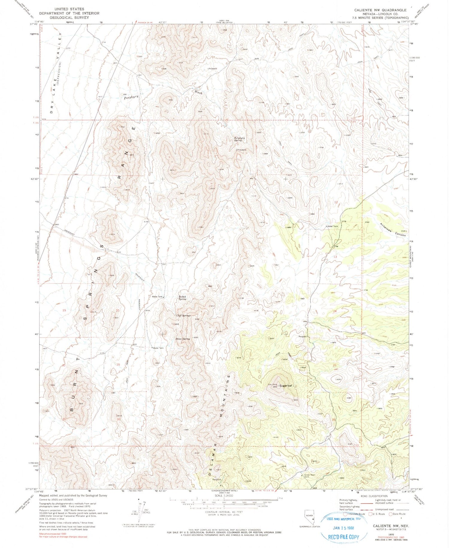 Classic USGS Caliente NW Nevada 7.5'x7.5' Topo Map Image