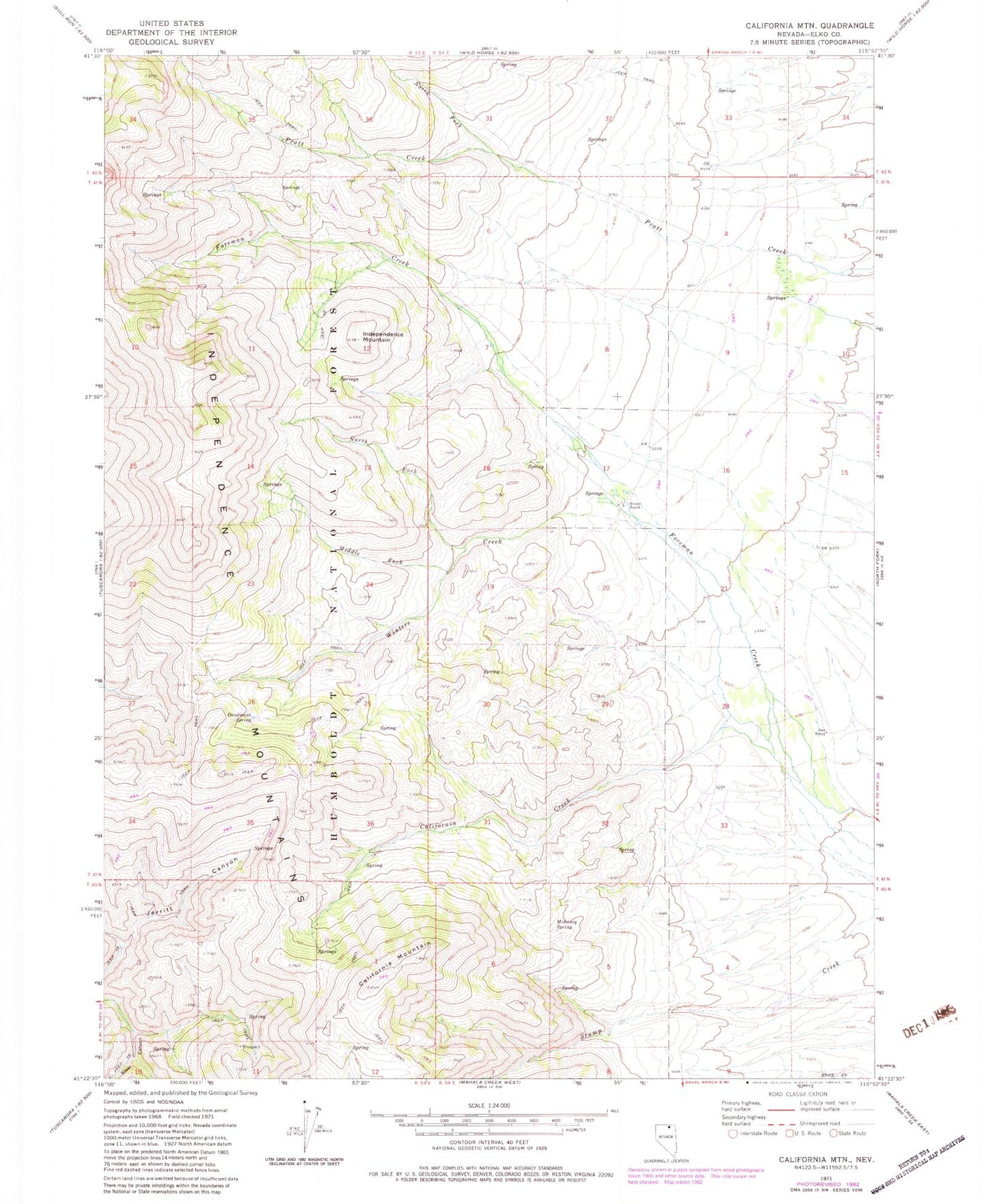 Classic USGS California Mountain Nevada 7.5'x7.5' Topo Map Image