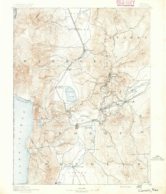 Historic 1891 Carson City Nevada 30'x30' Topo Map Image