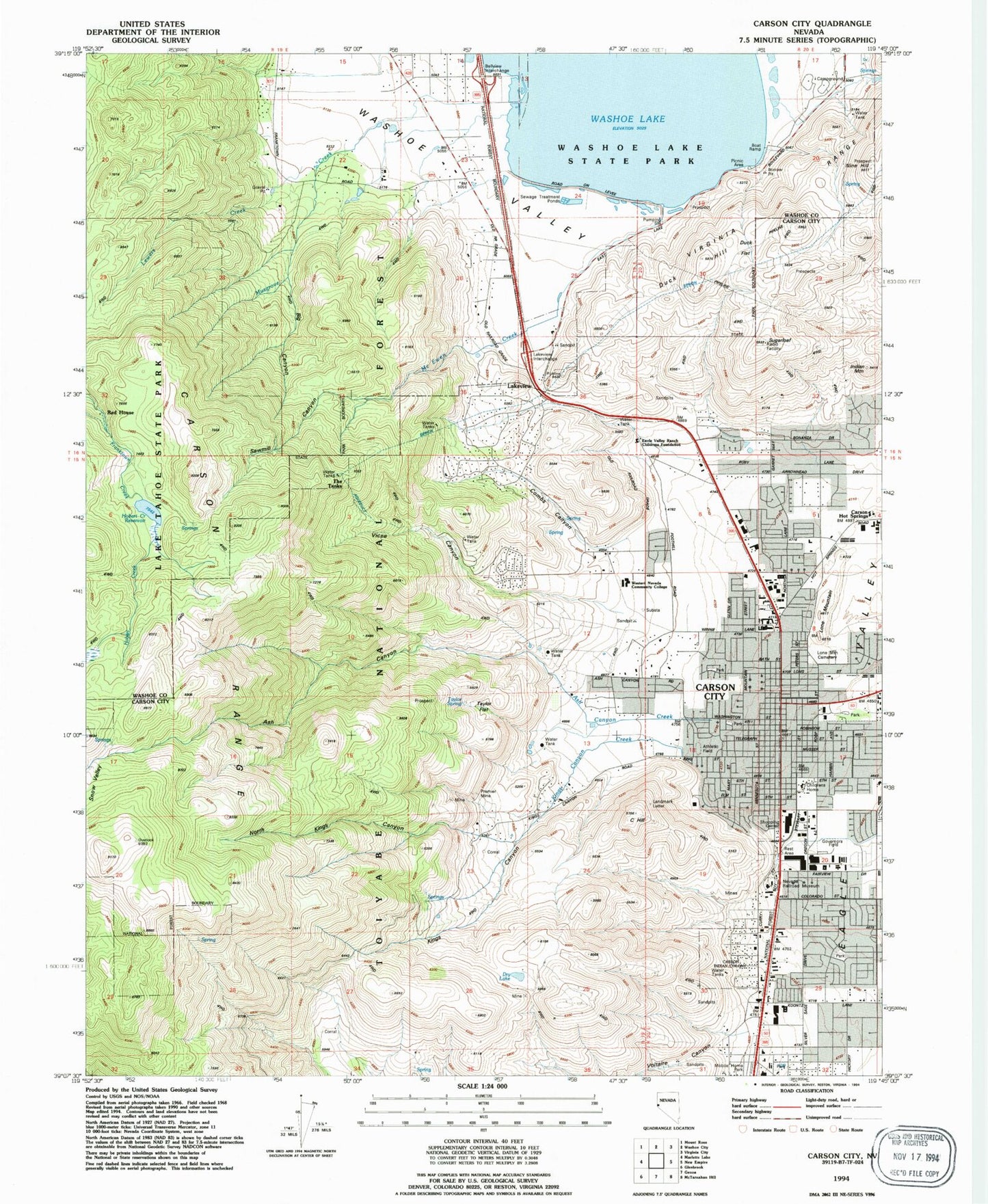 Classic USGS Carson City Nevada 7.5'x7.5' Topo Map Image