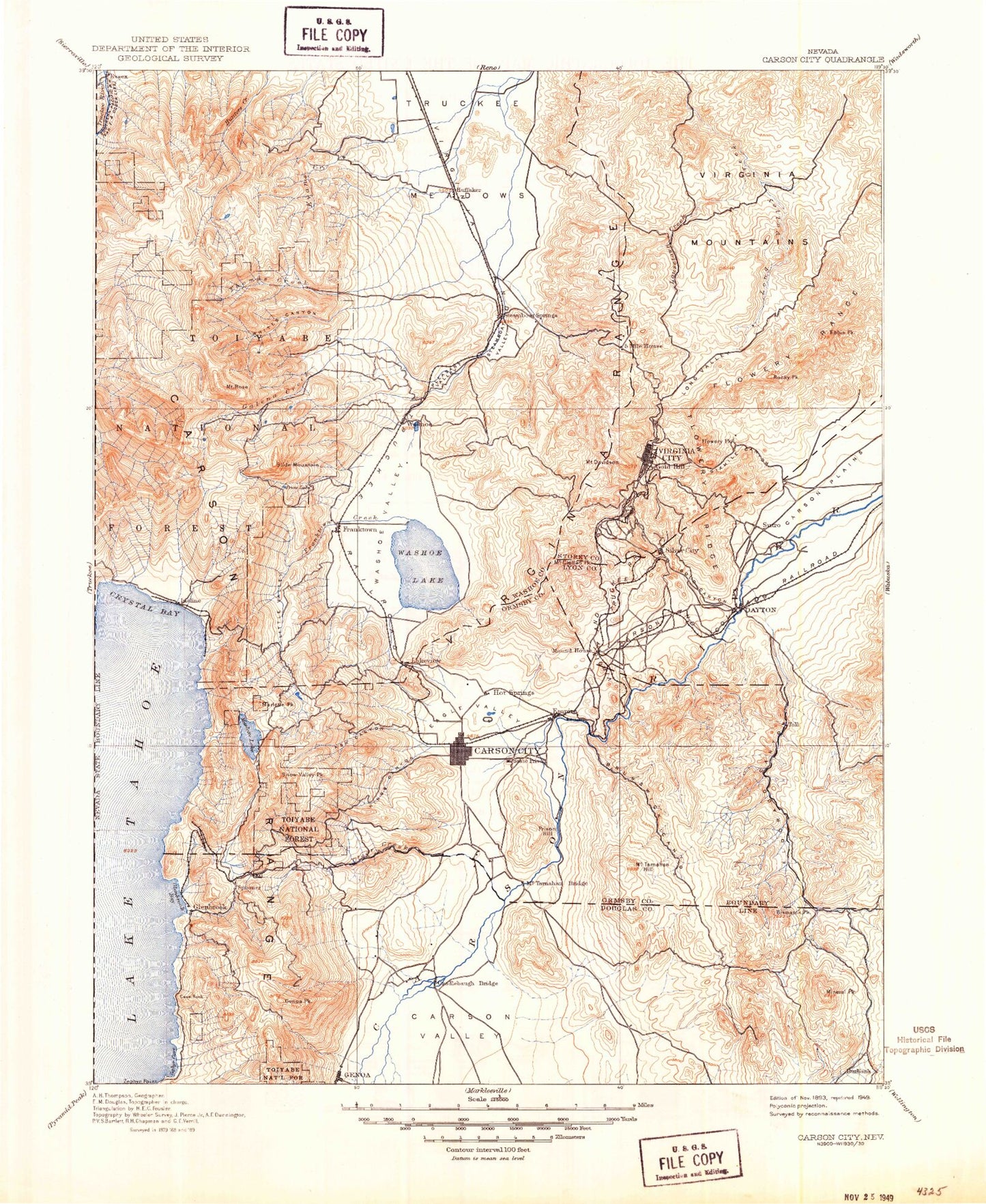 Historic 1893 Carson City Nevada 30'x30' Topo Map Image