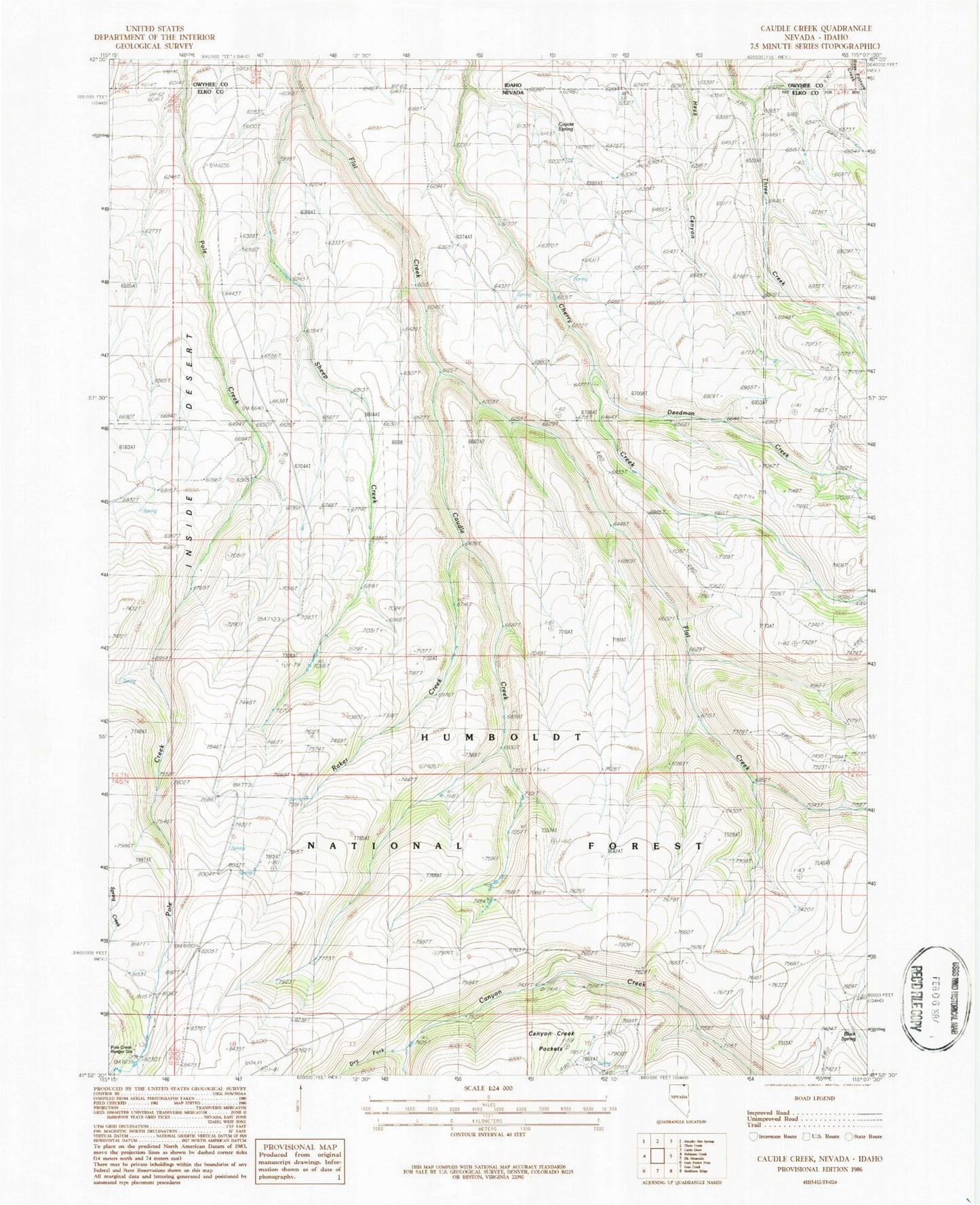 Classic USGS Caudle Creek Nevada 7.5'x7.5' Topo Map Image