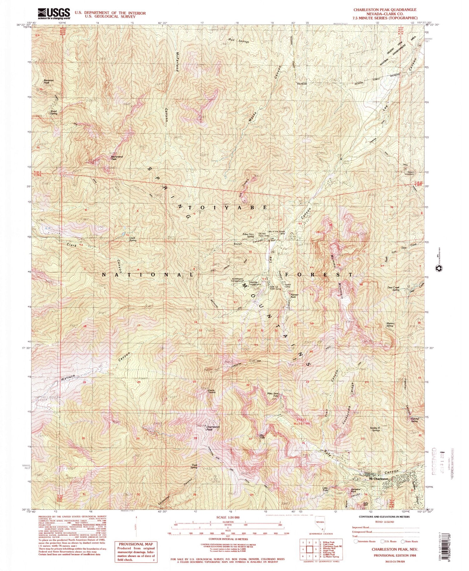 USGS Classic Charleston Peak Nevada 7.5'x7.5' Topo Map Image