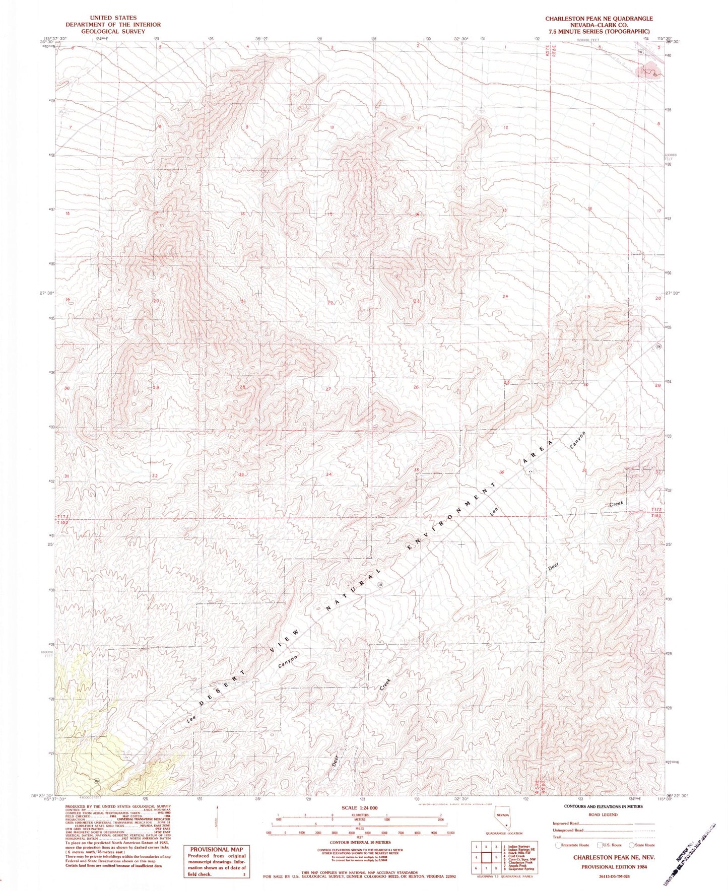 Classic USGS Charleston Peak NE Nevada 7.5'x7.5' Topo Map Image