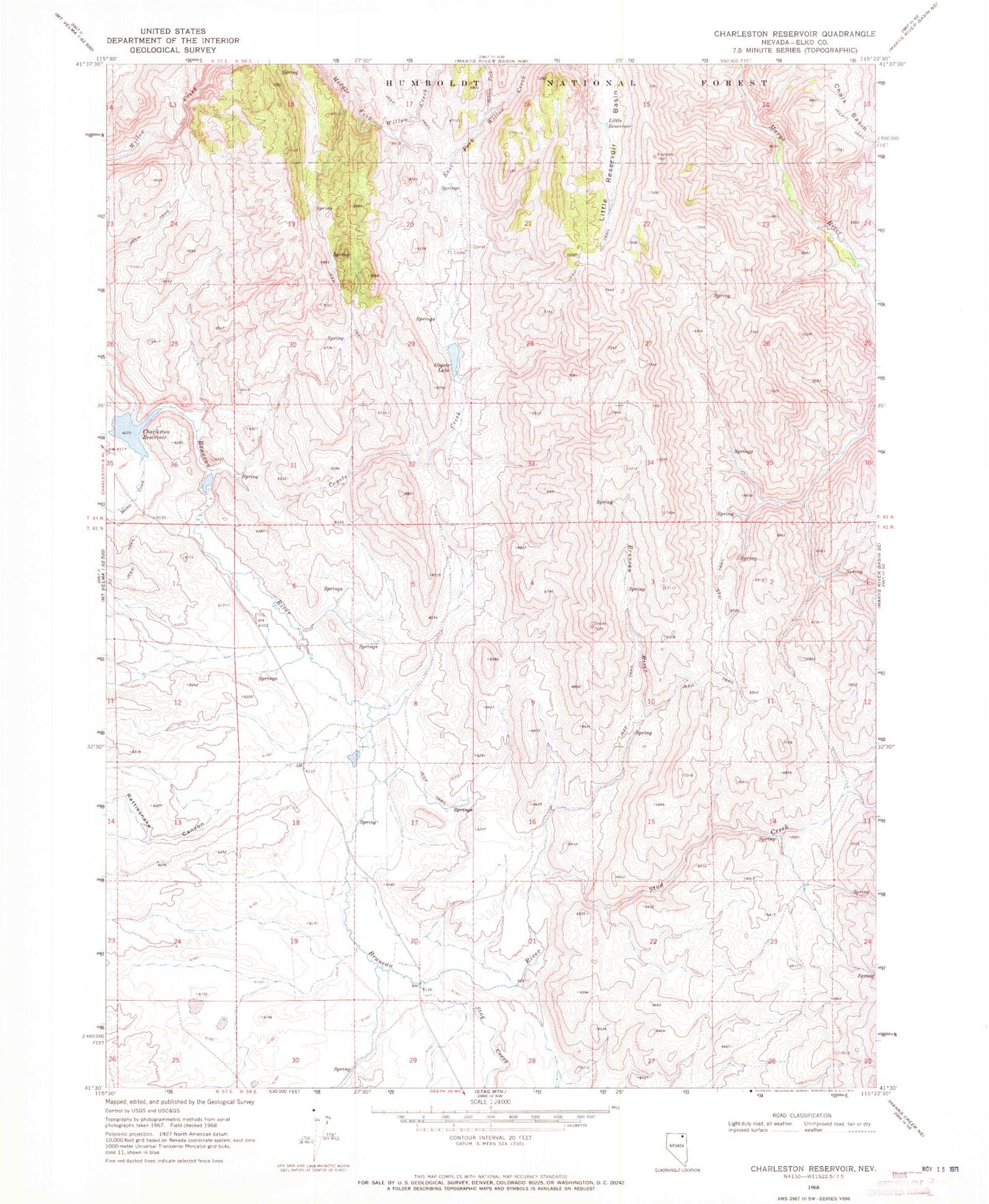 Classic USGS Charleston Reservoir Nevada 7.5'x7.5' Topo Map Image