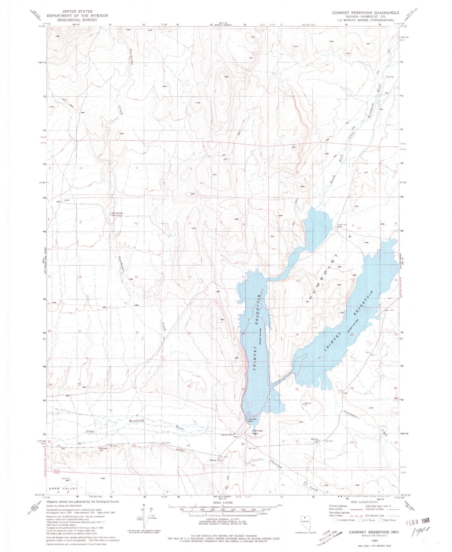 Classic USGS Chimney Reservoir Nevada 7.5'x7.5' Topo Map Image