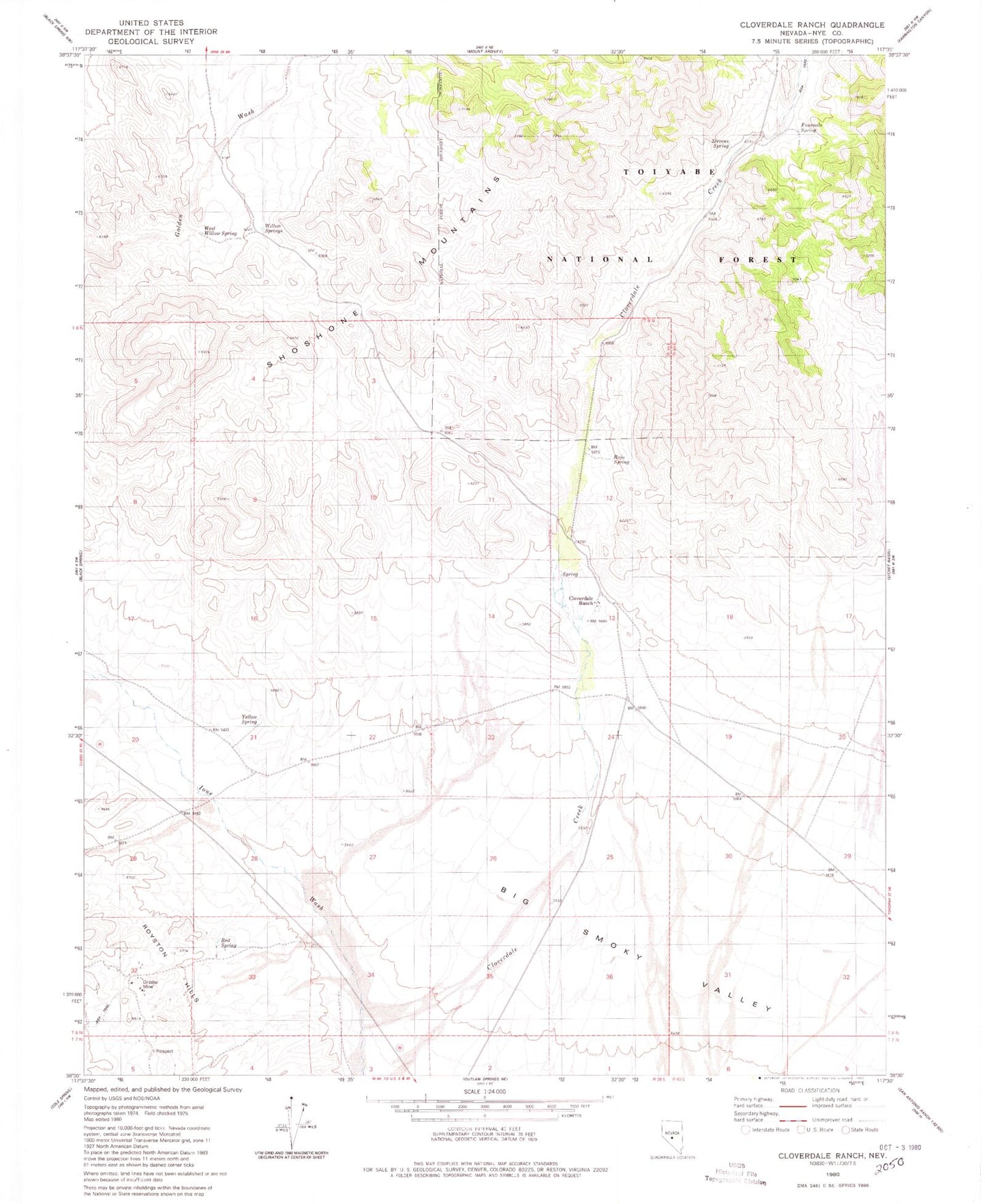Classic USGS Cloverdale Ranch Nevada 7.5'x7.5' Topo Map Image