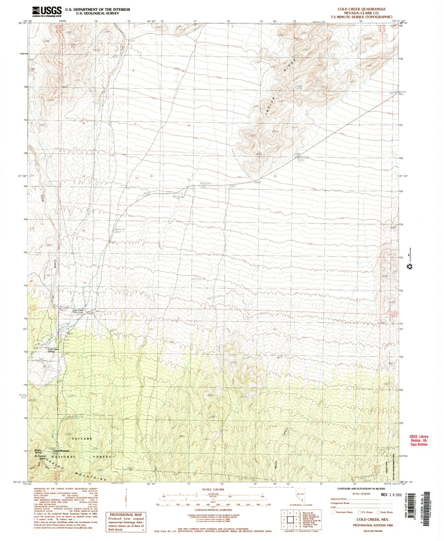 Classic USGS Cold Creek Nevada 7.5'x7.5' Topo Map Image