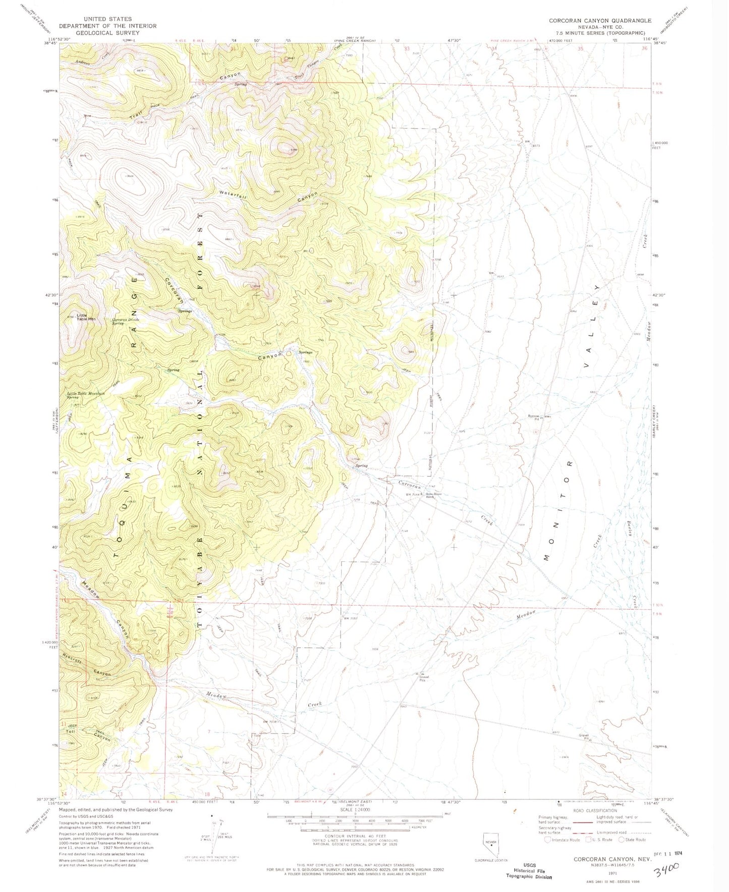 Classic USGS Corcoran Canyon Nevada 7.5'x7.5' Topo Map Image