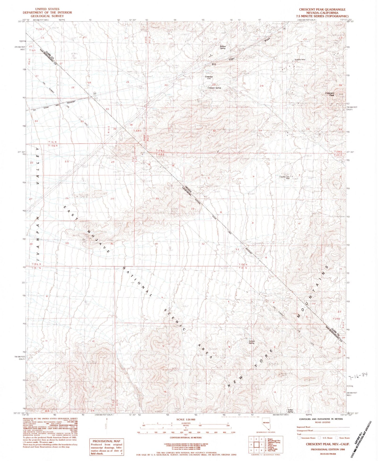 Classic USGS Crescent Peak Nevada 7.5'x7.5' Topo Map Image