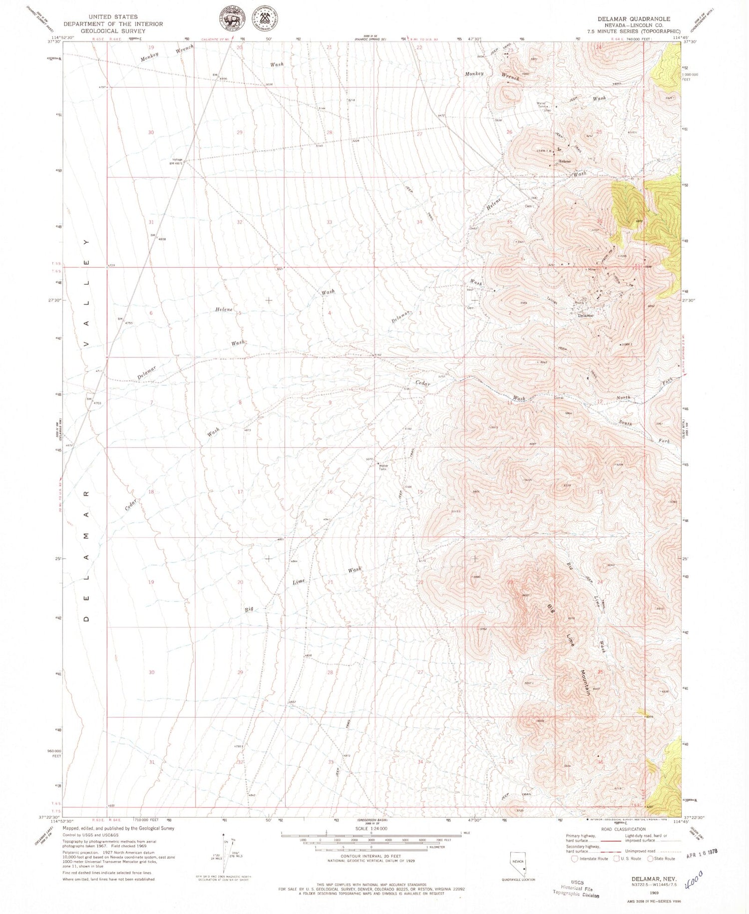Classic USGS Delamar Nevada 7.5'x7.5' Topo Map Image