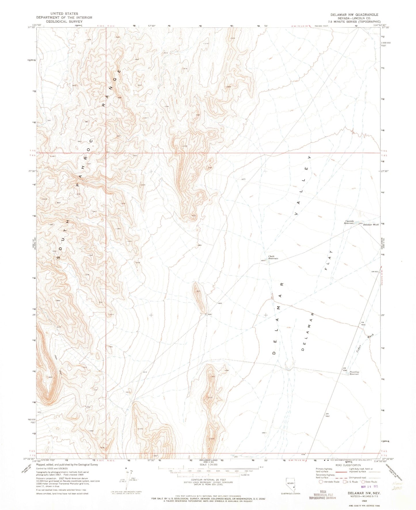 Classic USGS Delamar NW Nevada 7.5'x7.5' Topo Map Image