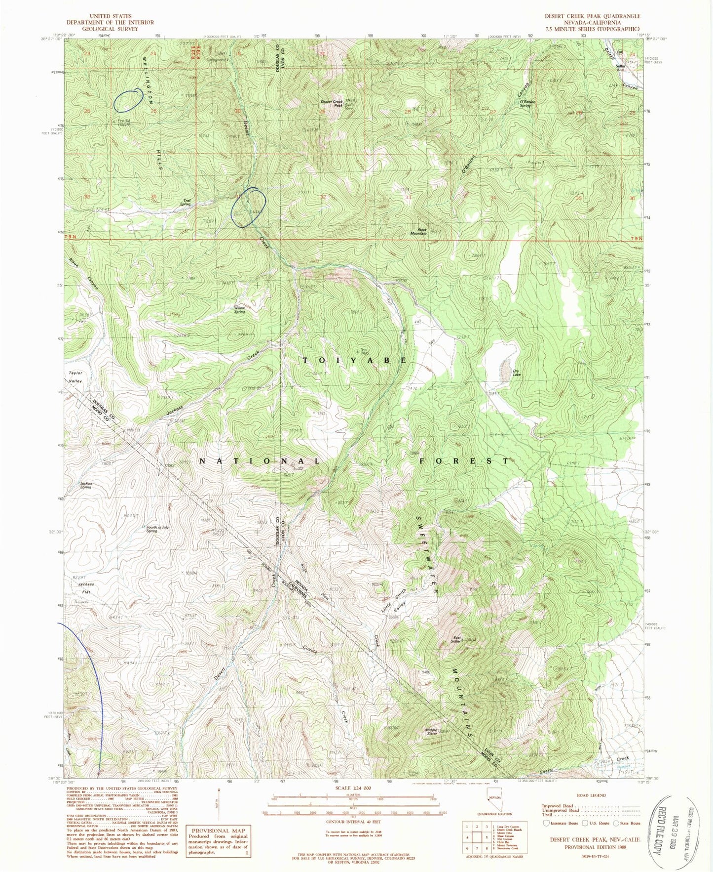Classic USGS Desert Creek Peak Nevada 7.5'x7.5' Topo Map Image