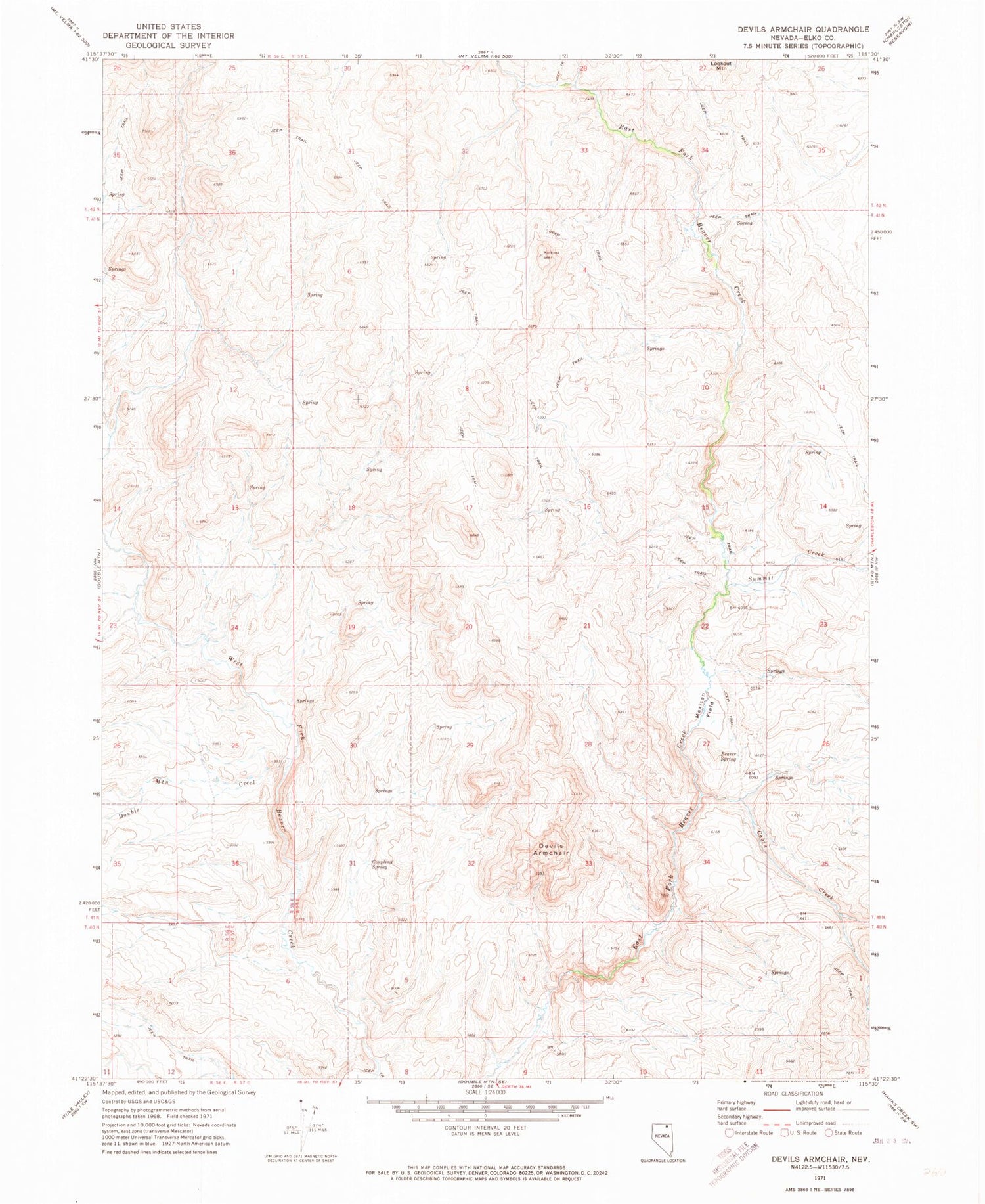 Classic USGS Devils Armchair Nevada 7.5'x7.5' Topo Map Image
