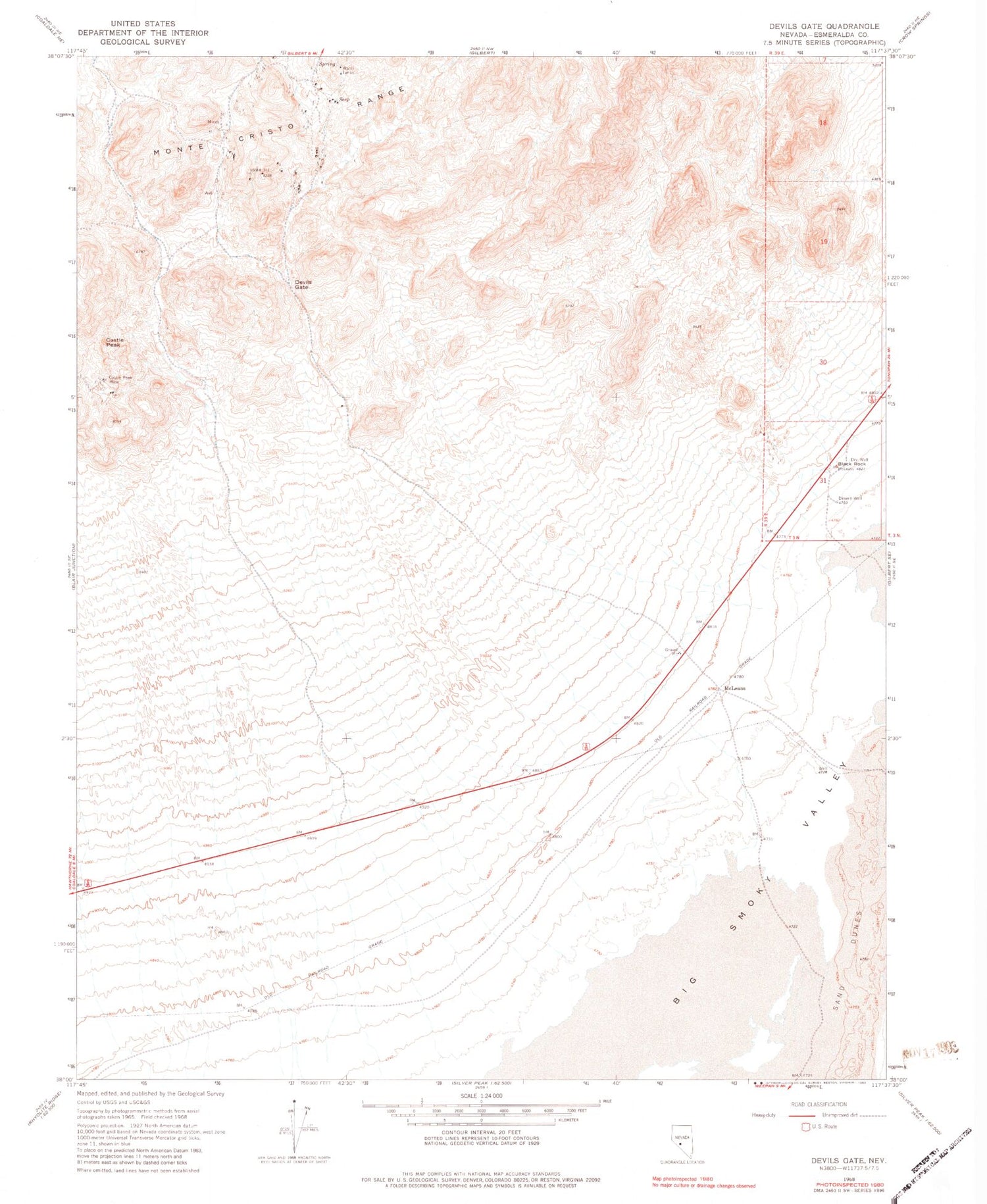 Classic USGS Devils Gate Nevada 7.5'x7.5' Topo Map Image