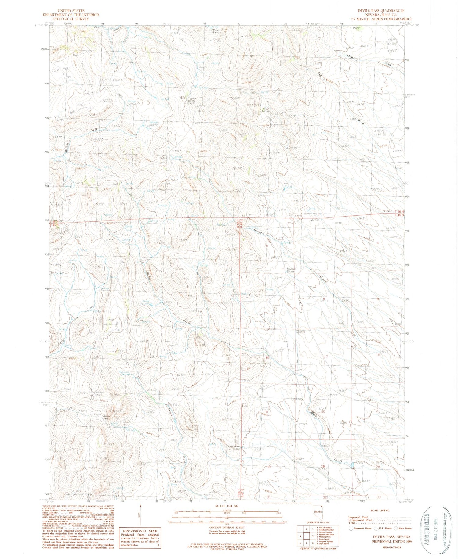 Classic USGS Devils Pass Nevada 7.5'x7.5' Topo Map Image