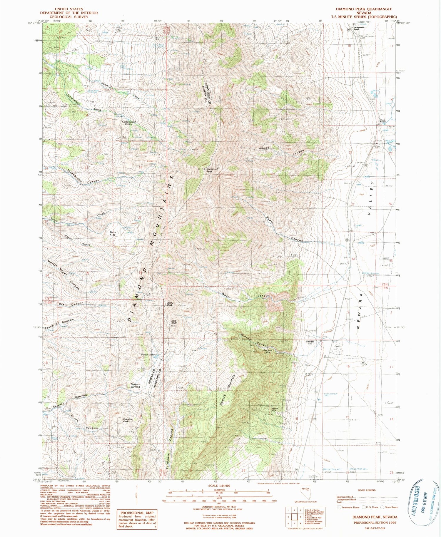 Classic USGS Diamond Peak Nevada 7.5'x7.5' Topo Map Image
