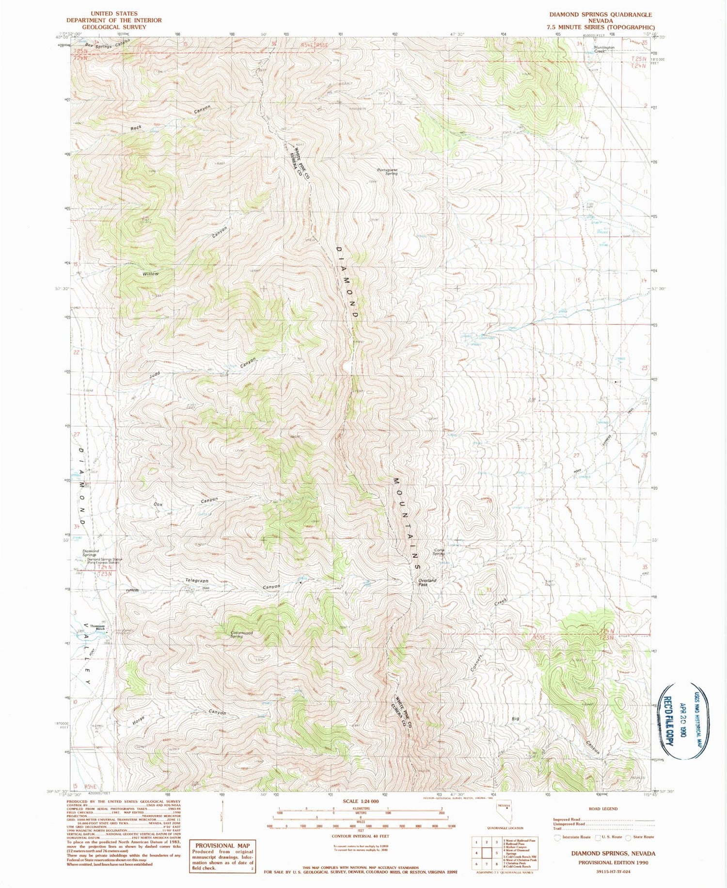 Classic USGS Diamond Springs Nevada 7.5'x7.5' Topo Map Image