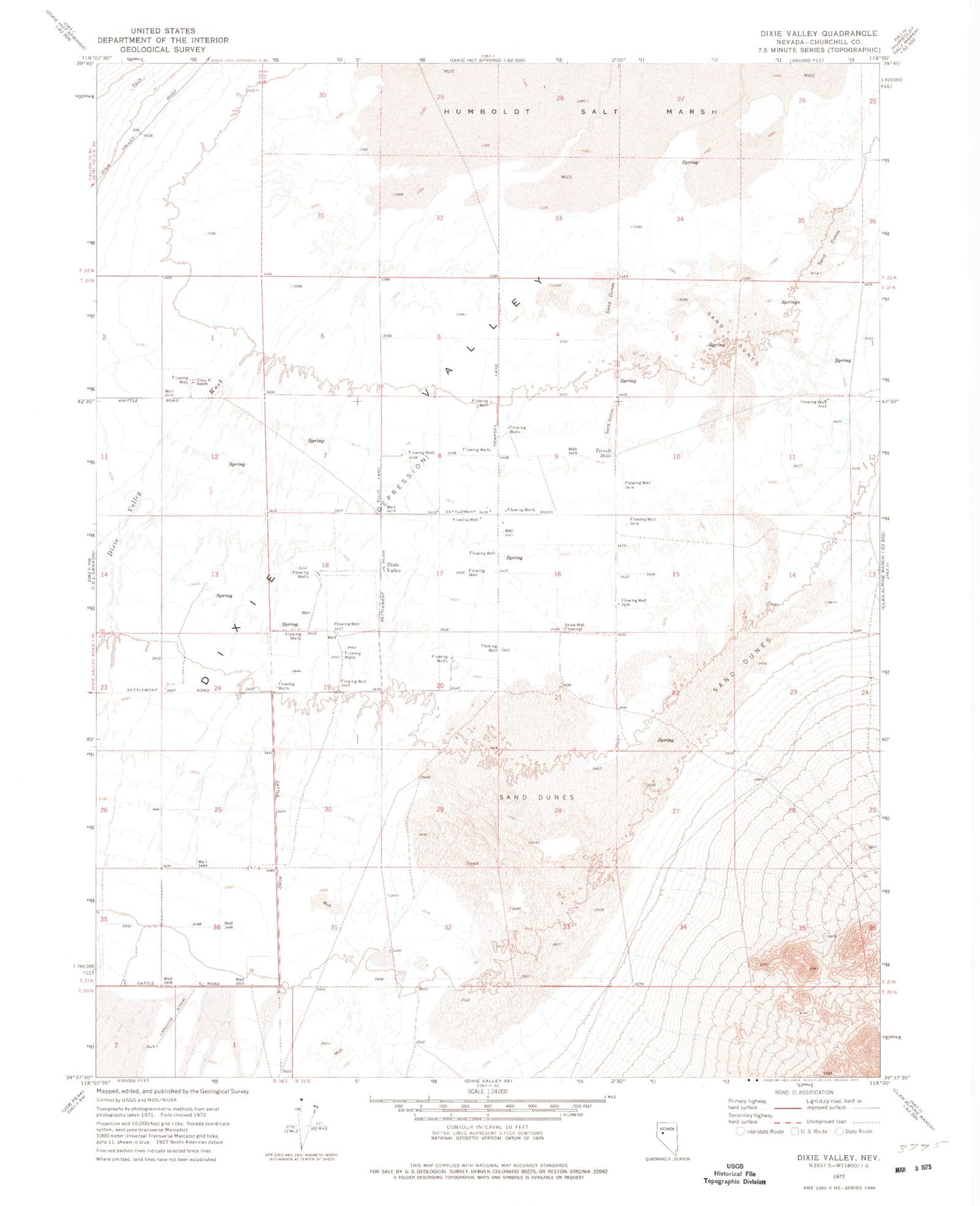 Classic USGS Dixie Valley Nevada 7.5'x7.5' Topo Map Image