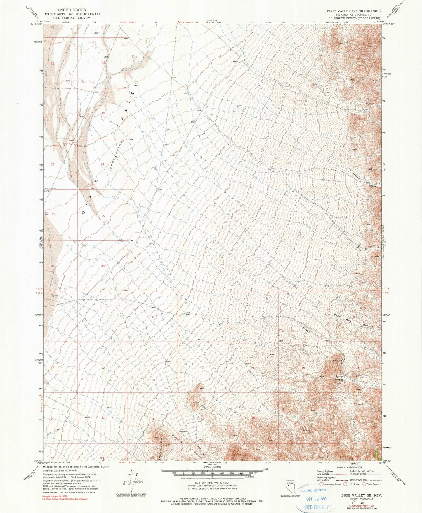 Classic USGS Dixie Valley SE Nevada 7.5'x7.5' Topo Map Image