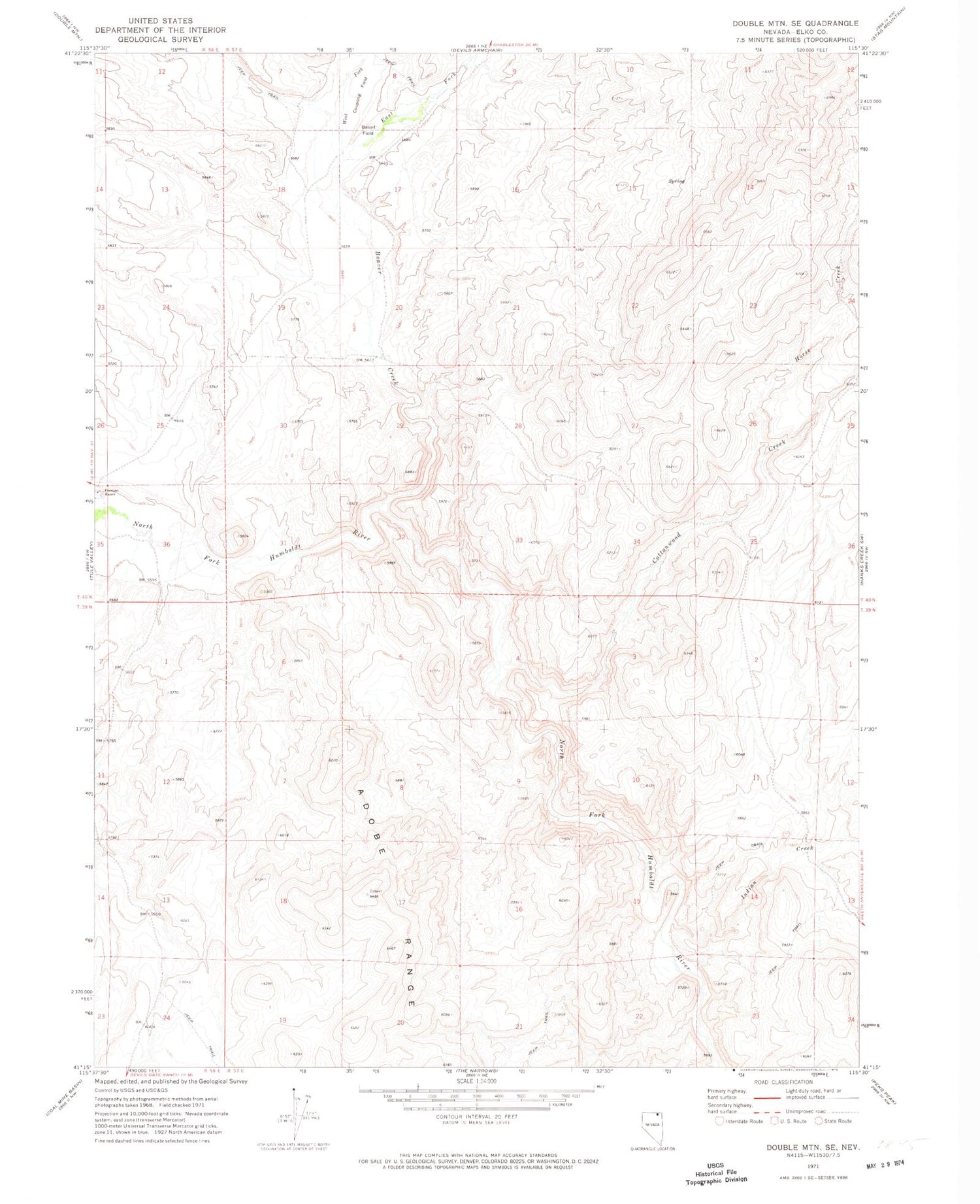 Classic USGS Double Mountain SE Nevada 7.5'x7.5' Topo Map Image
