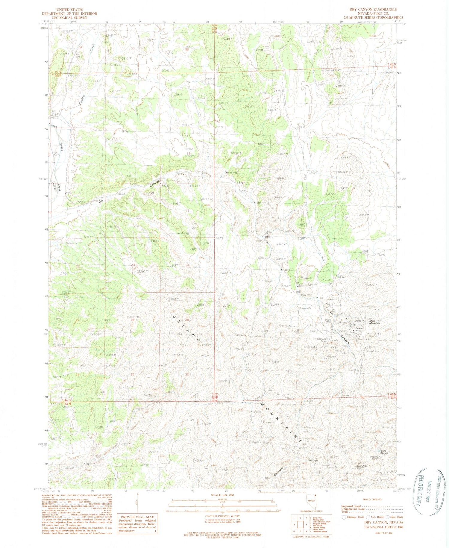 Classic USGS Dry Canyon Nevada 7.5'x7.5' Topo Map Image