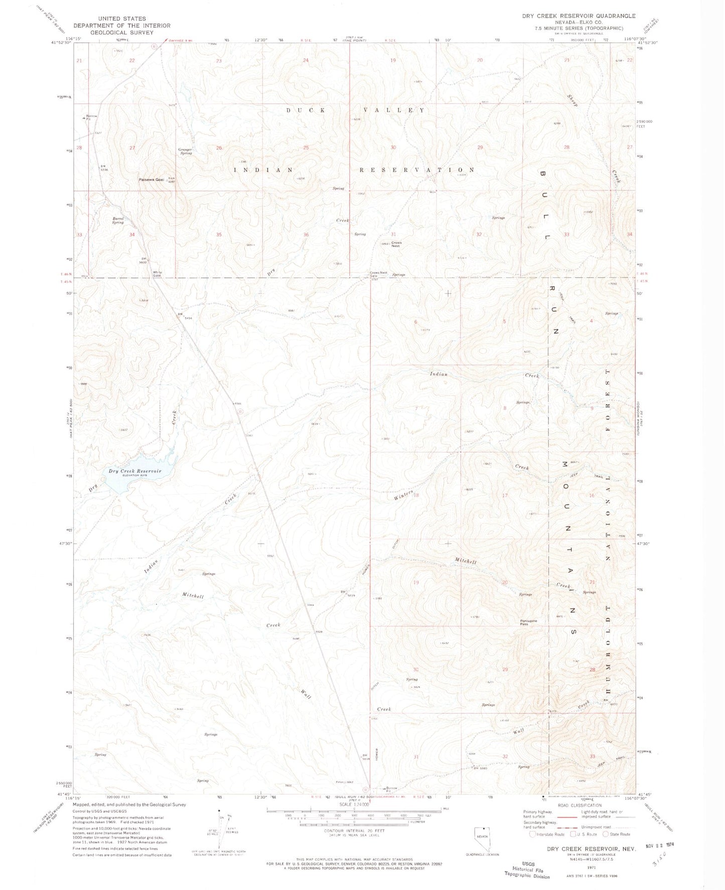Classic USGS Dry Creek Reservoir Nevada 7.5'x7.5' Topo Map Image