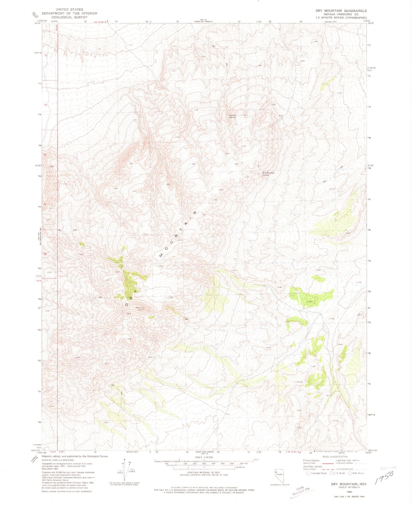Classic USGS Dry Mountain Nevada 7.5'x7.5' Topo Map Image