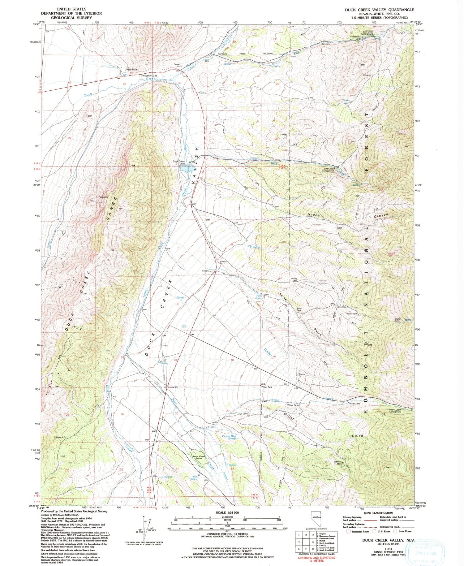 Classic USGS Duck Creek Valley Nevada 7.5'x7.5' Topo Map Image