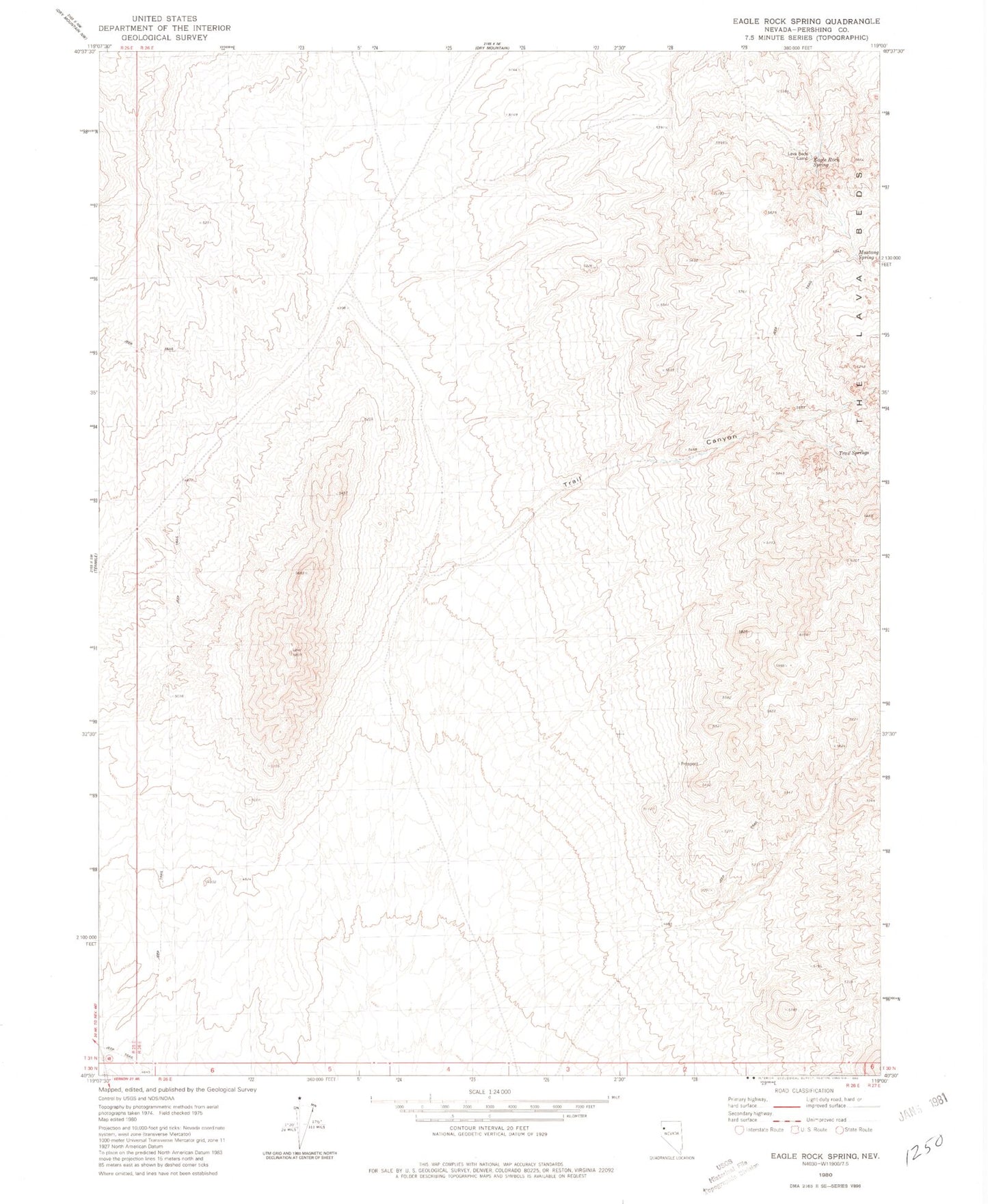 Classic USGS Eagle Rock Spring Nevada 7.5'x7.5' Topo Map Image