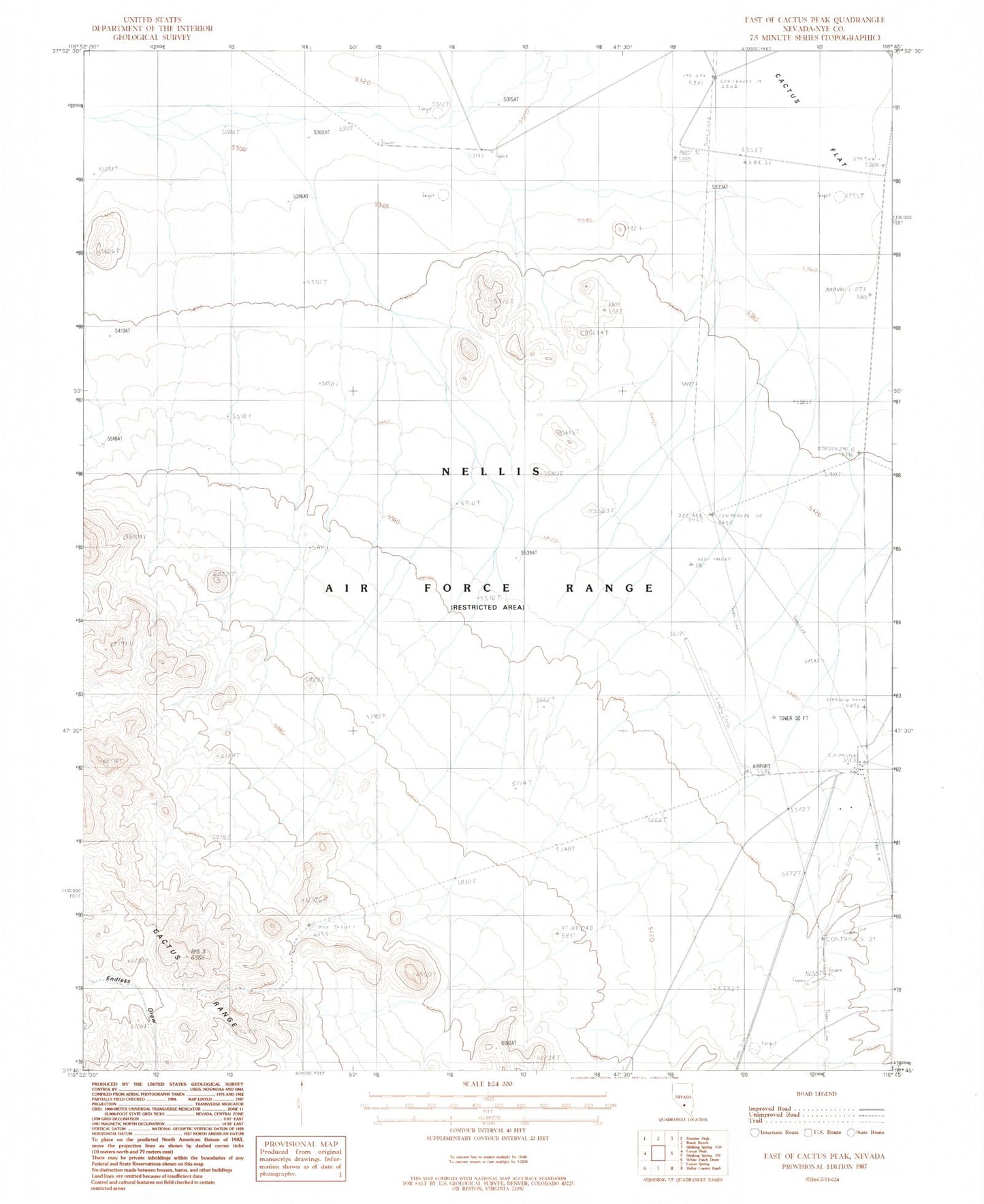 Classic USGS East of Cactus Peak Nevada 7.5'x7.5' Topo Map Image