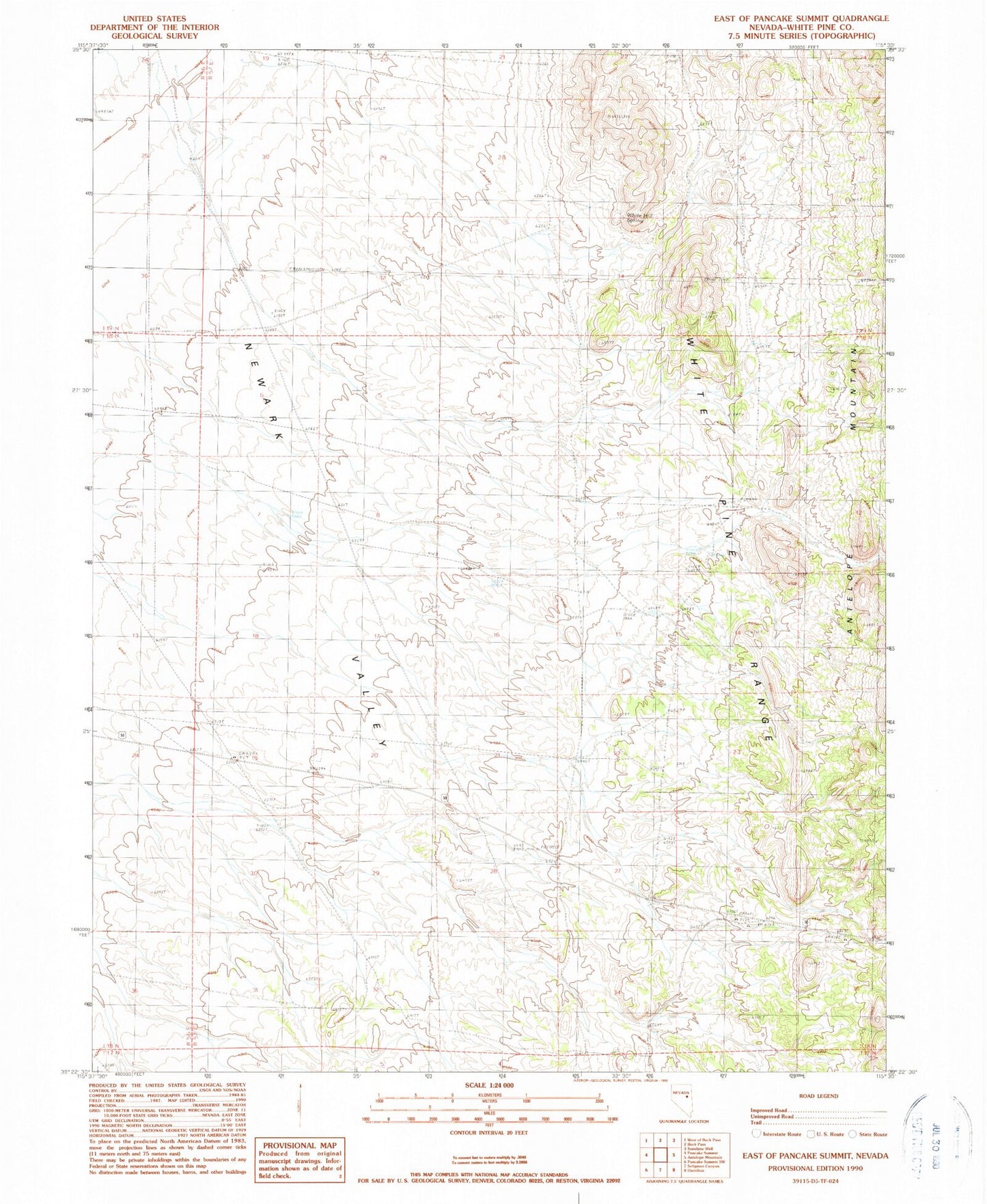 Classic USGS East of Pancake Summit Nevada 7.5'x7.5' Topo Map Image