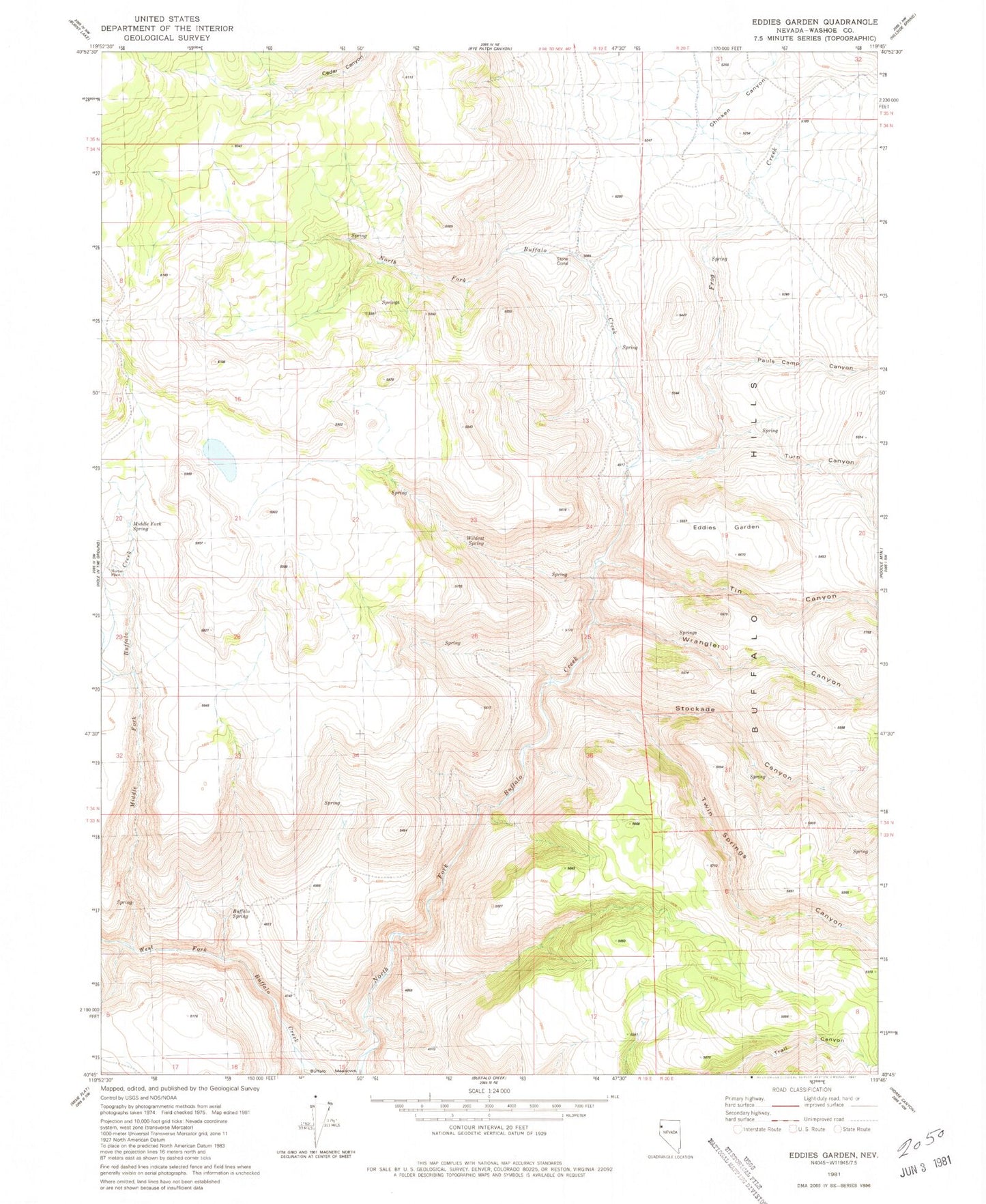 Classic USGS Eddies Garden Nevada 7.5'x7.5' Topo Map Image