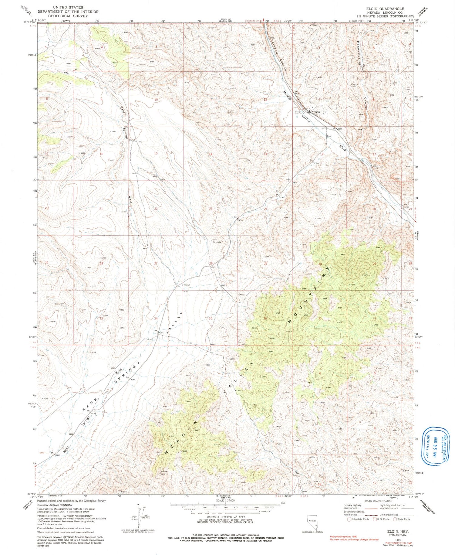 Classic USGS Elgin Nevada 7.5'x7.5' Topo Map Image