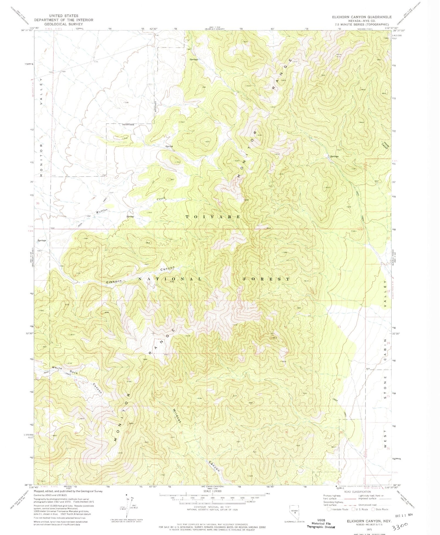 Classic USGS Elkhorn Canyon Nevada 7.5'x7.5' Topo Map Image