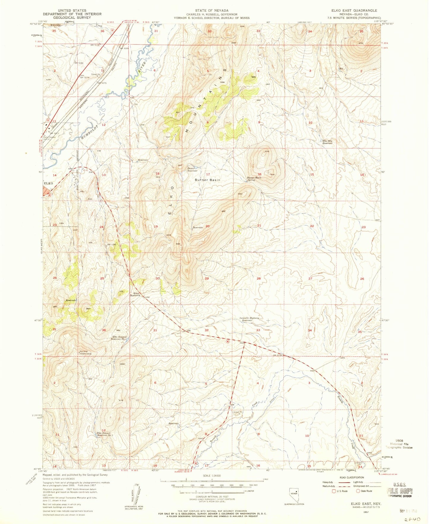 Classic USGS Elko East Nevada 7.5'x7.5' Topo Map Image