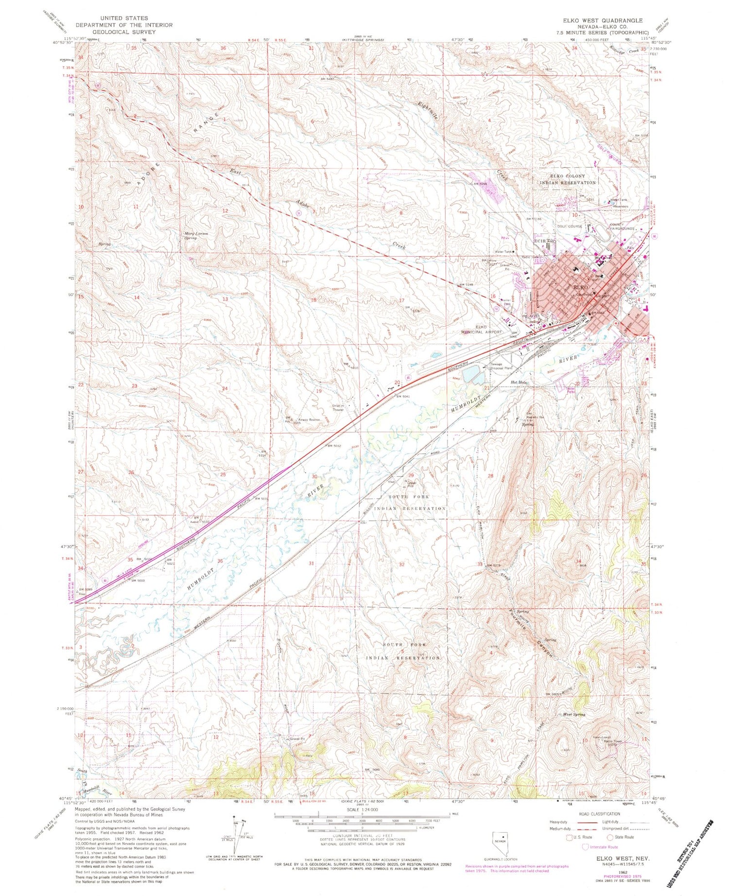 Classic USGS Elko West Nevada 7.5'x7.5' Topo Map Image