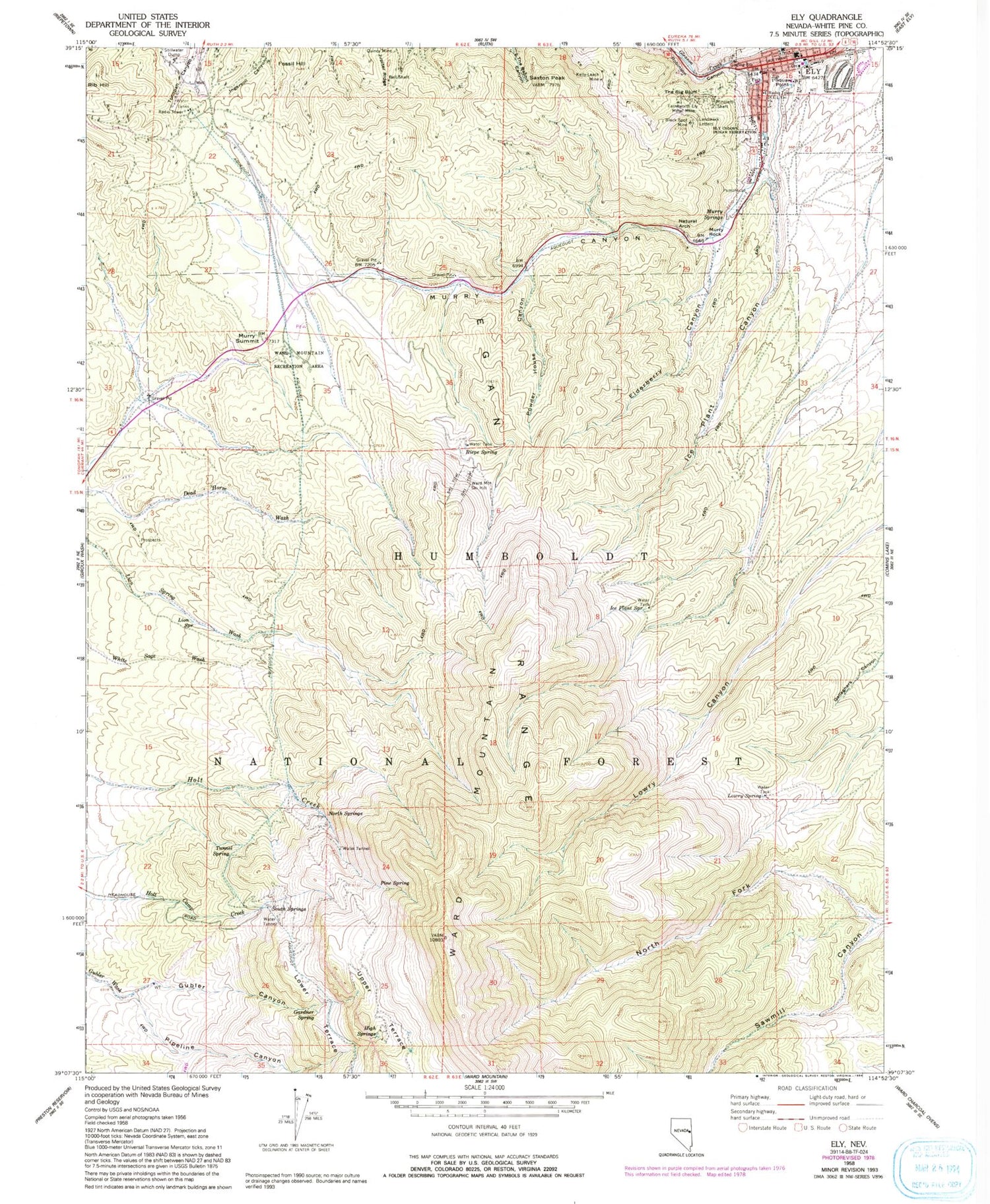 Classic USGS Ely Nevada 7.5'x7.5' Topo Map Image